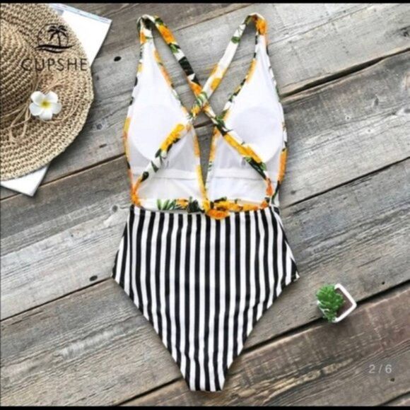 Cupshe orange Floral And Black Stripe One-Piece criss cross Back swimsuit - Picture 2 of 10